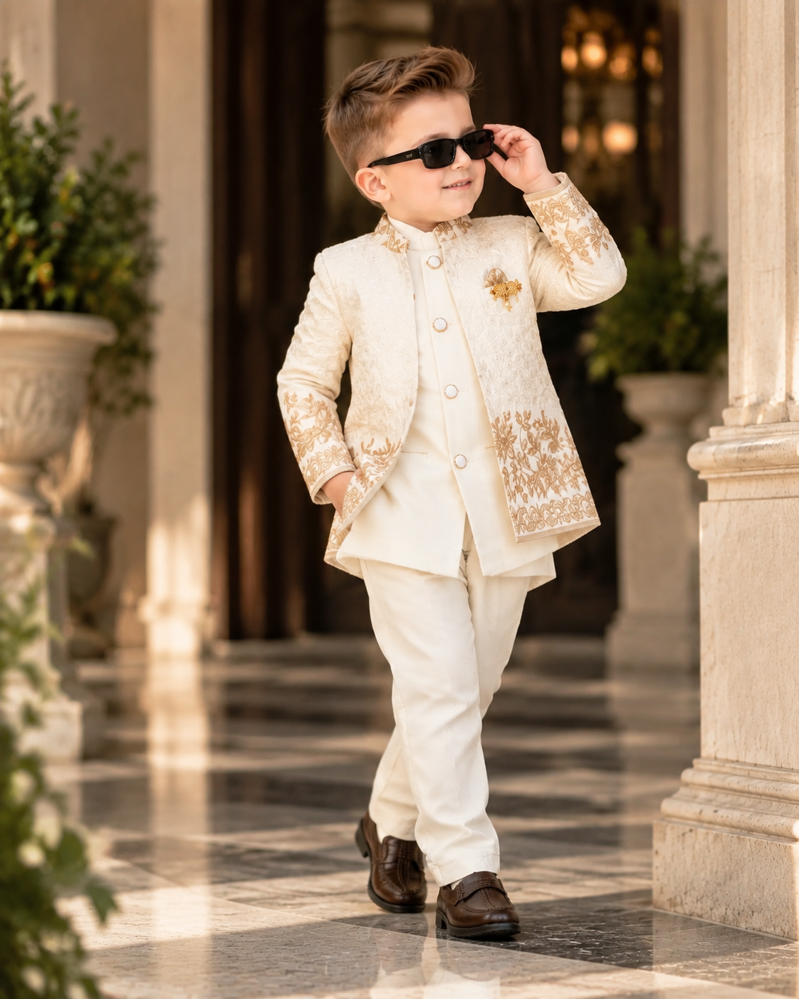 Elegant Off-White Gold Embroidered Indo-Western