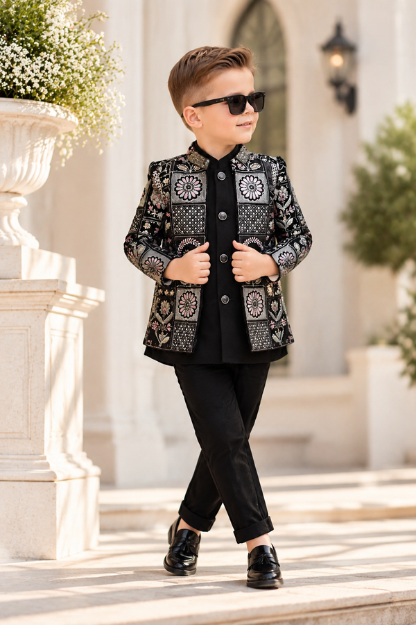 Elite Black Floral Patchwork Jodhpuri Set