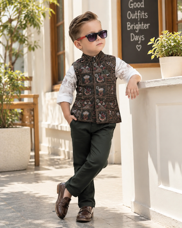 Elite Mehndi Green Printed Waistcoat Set