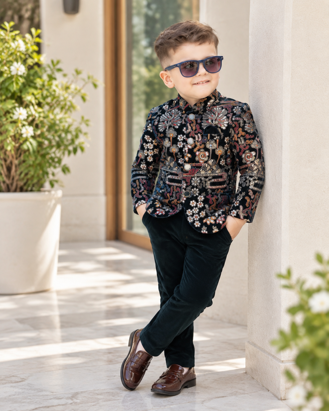 Elite Royal Teal Floral Jodhpuri Suit