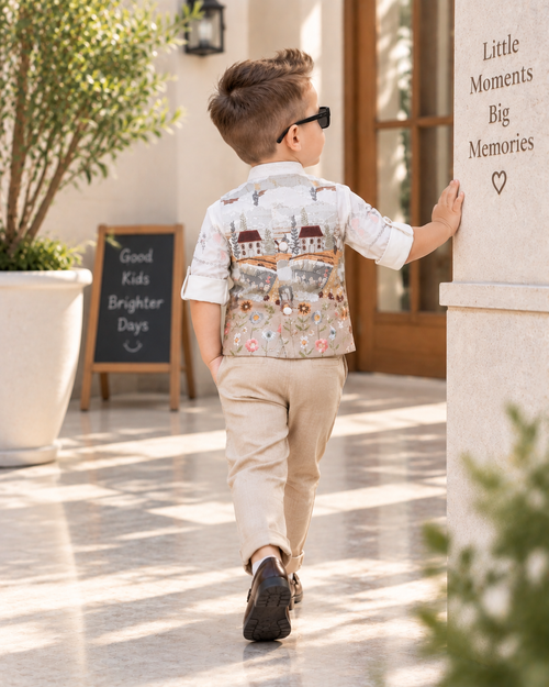 Heritage Fawn Landscape Printed Waistcoat Set