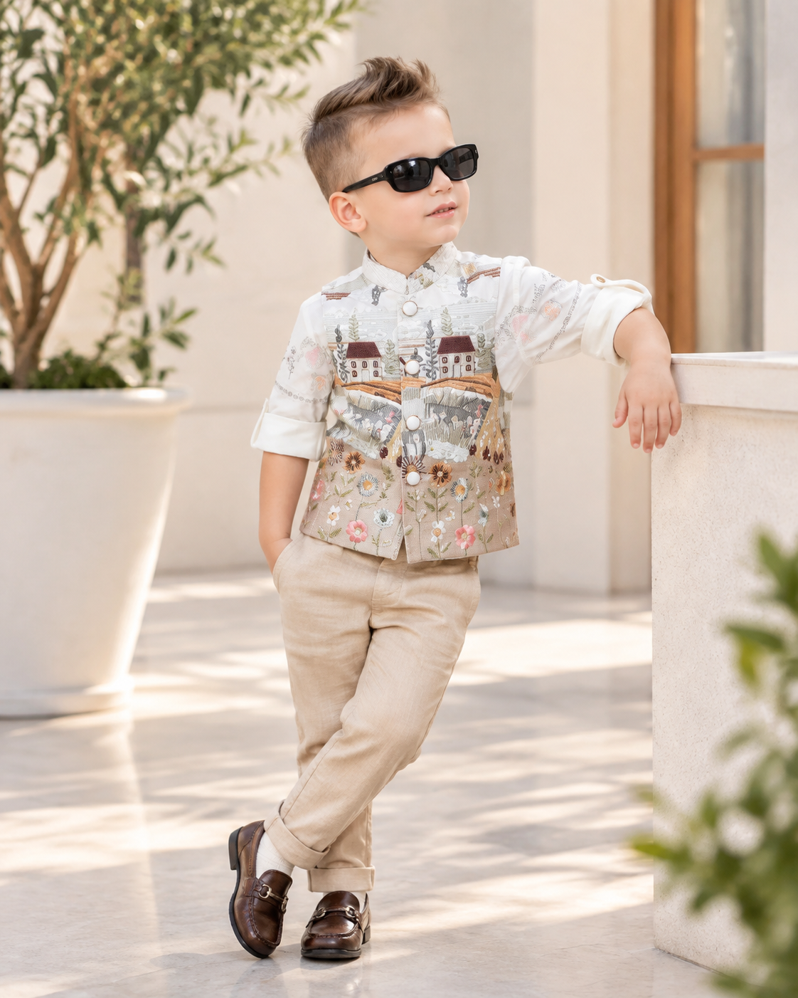 Heritage Fawn Landscape Printed Waistcoat Set