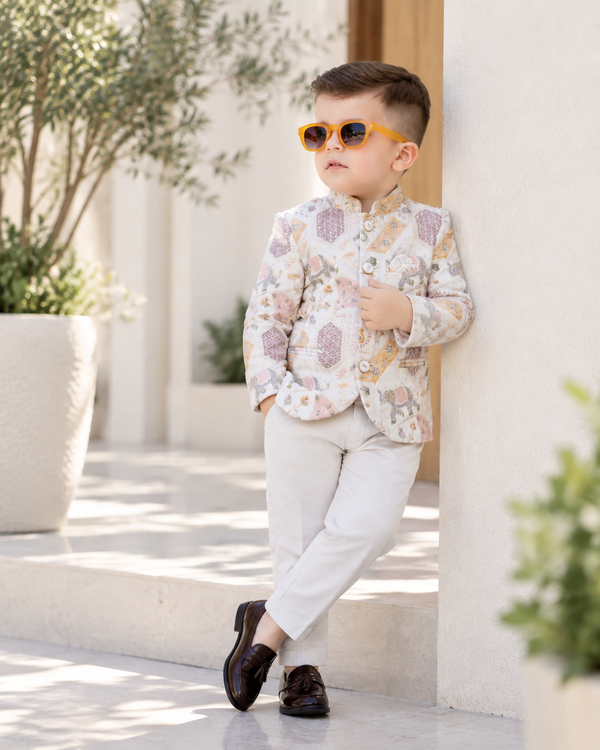 Luxury Cream Elephant Motif Jodhpuri Set
