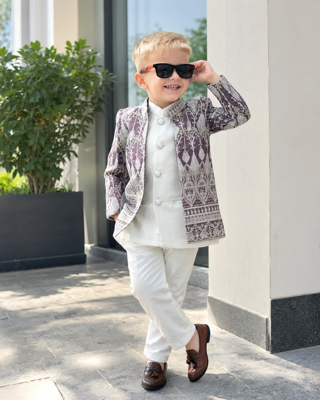 Luxury Cream Purple Jacquard Indo-Western Set