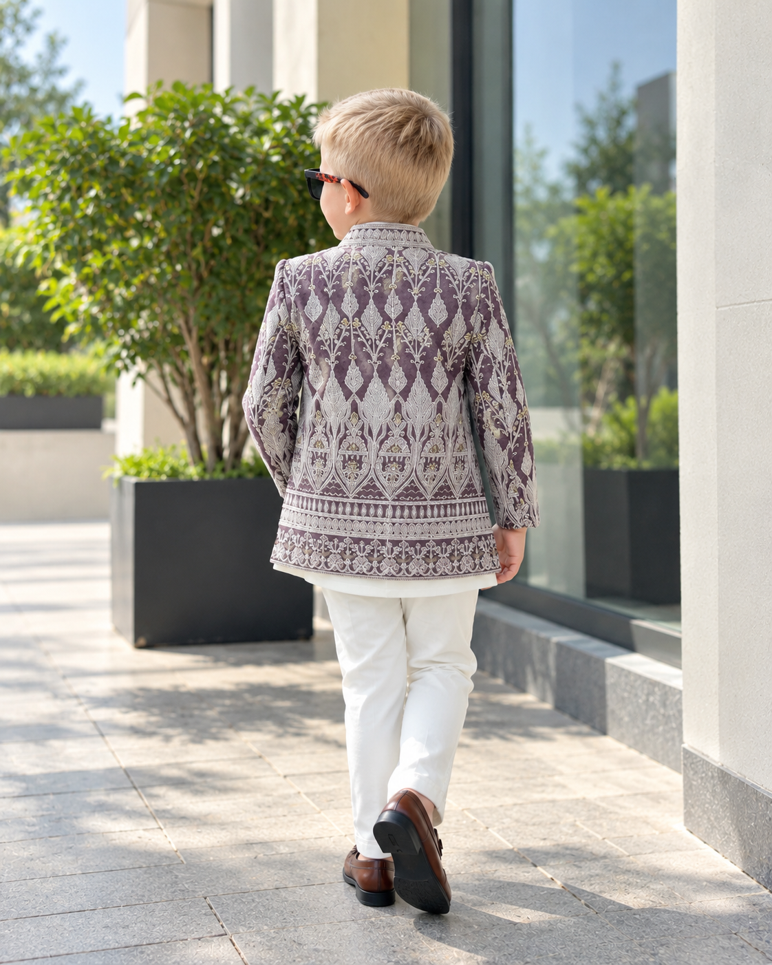 Luxury Cream Purple Jacquard Indo-Western Set
