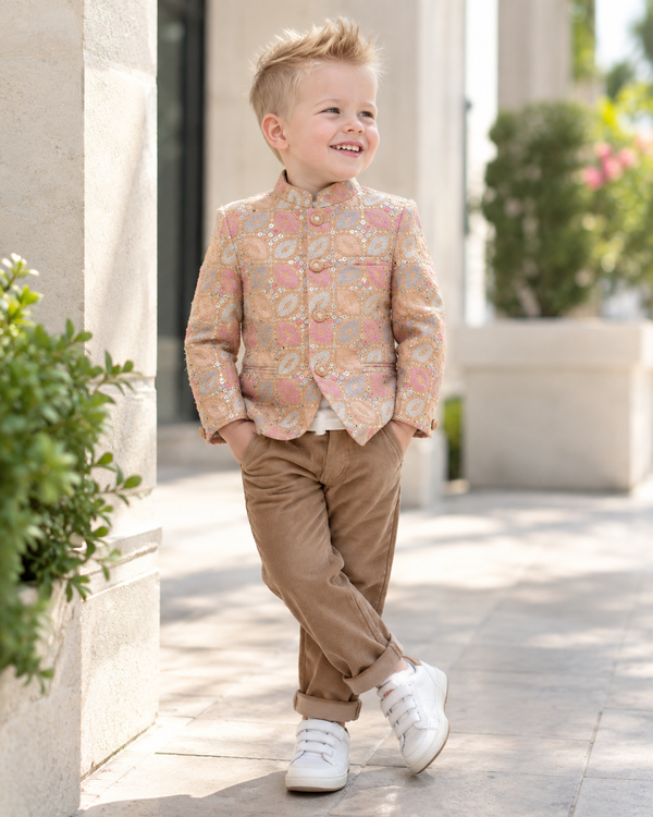 Mintu Kidswear Fawn Embroidered Indo-Western Suit Set