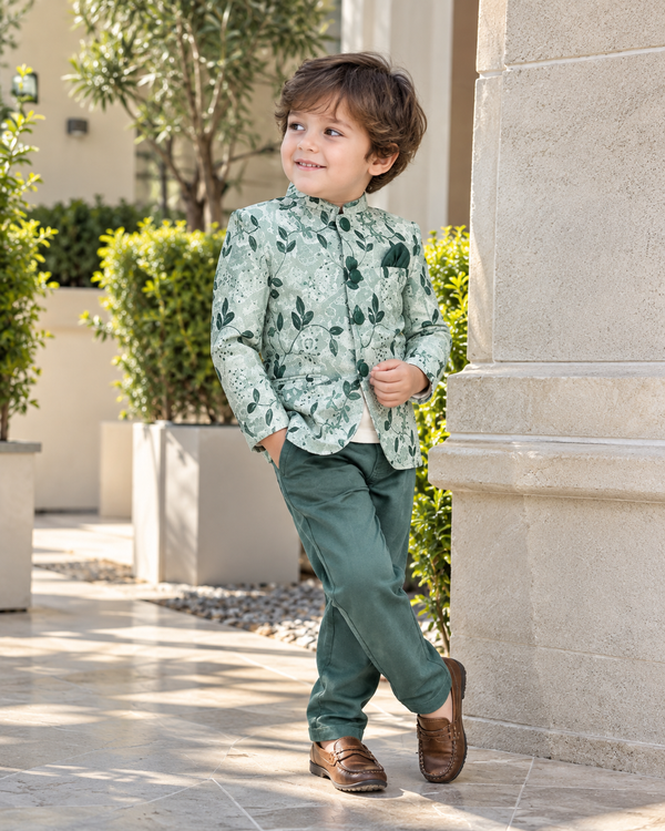 Mintu Kidswear Green Floral Indo-Western Suit Set