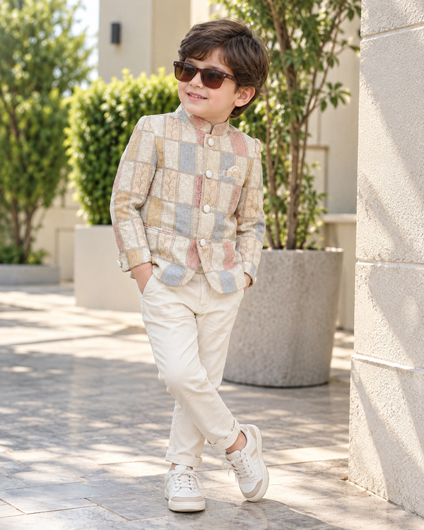 Modern Designer Checkered Cream Jodhpuri Set