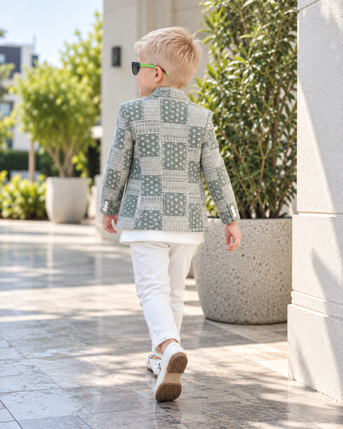 Modern Pista Green Geometric Jodhpuri Suit