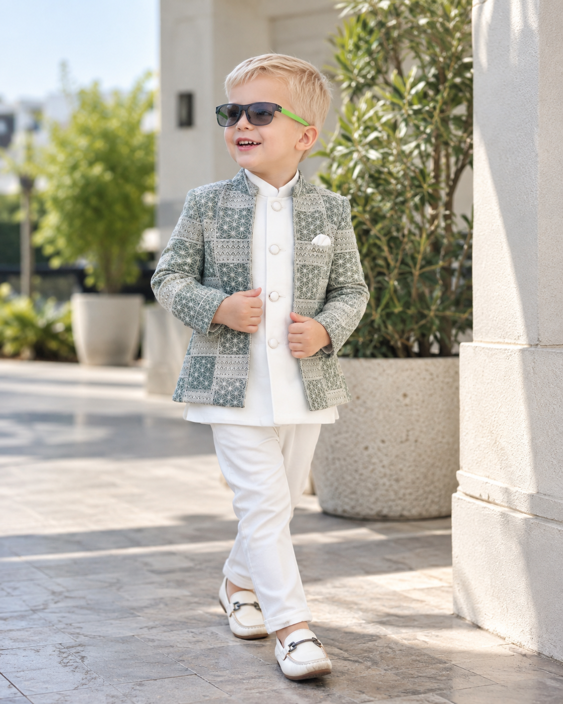 Modern Pista Green Geometric Jodhpuri Suit