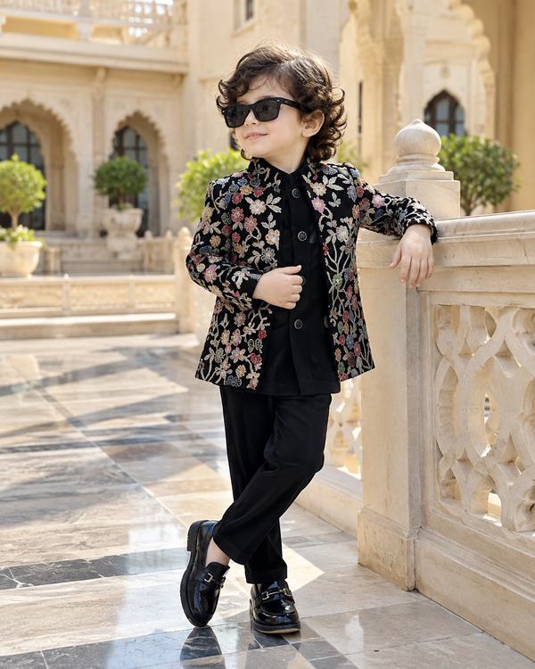 Premium Midnight Black Floral Jodhpuri Set
