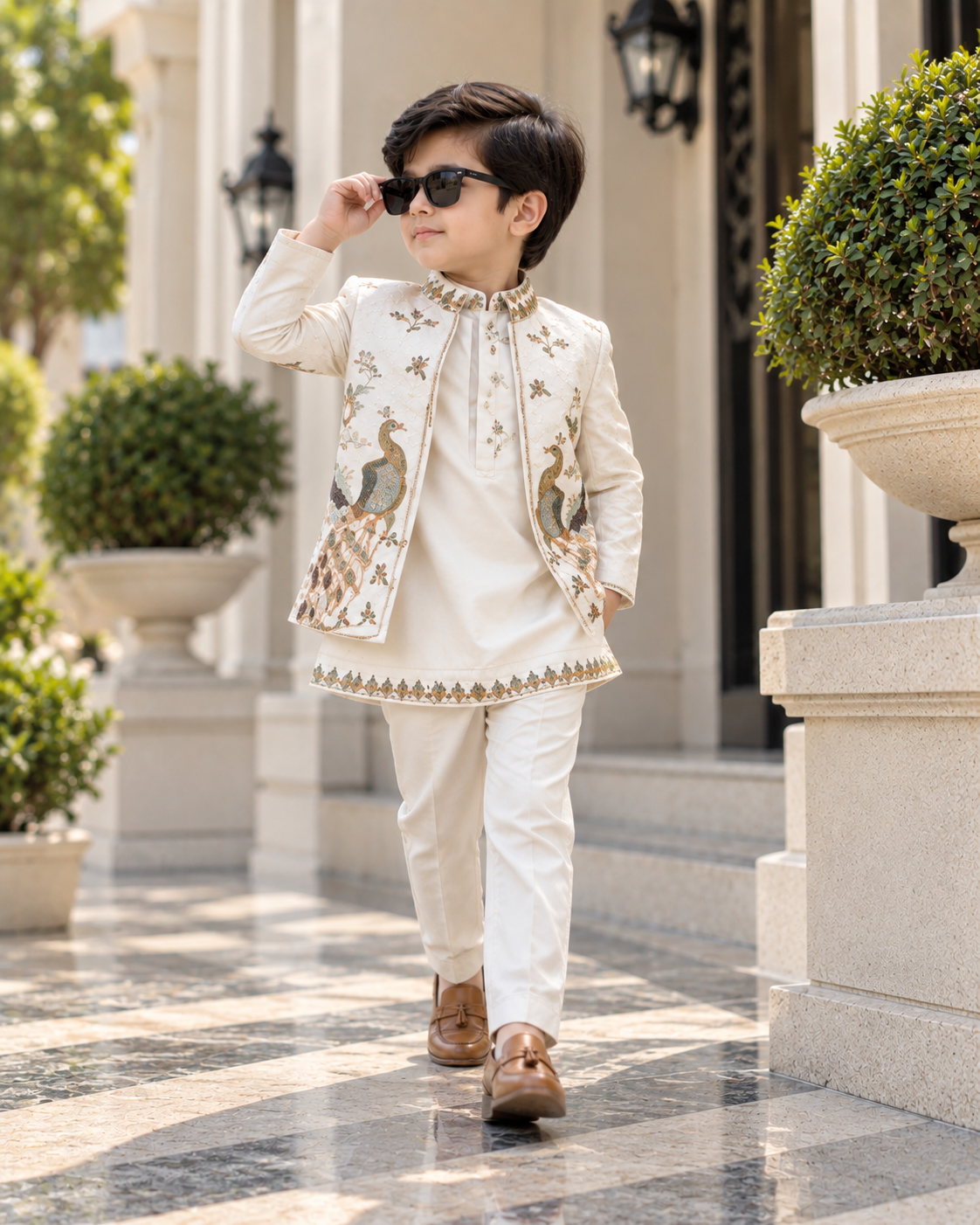 Royal White Peacock Embroidered Kurta Set