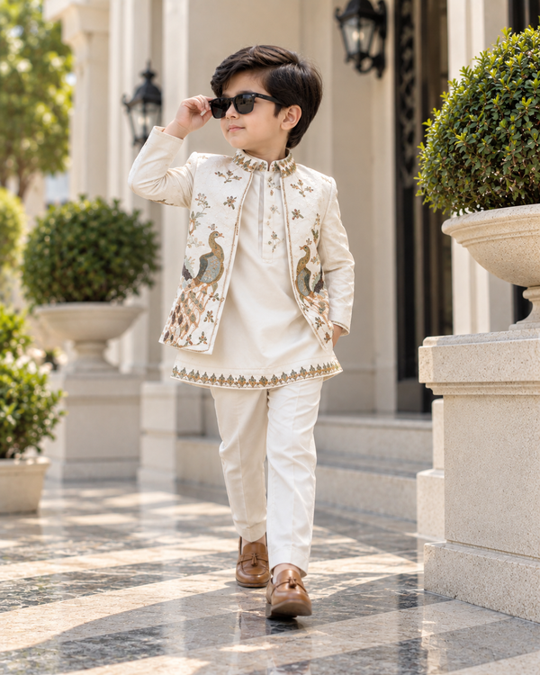 Royal White Peacock Embroidered Kurta Set