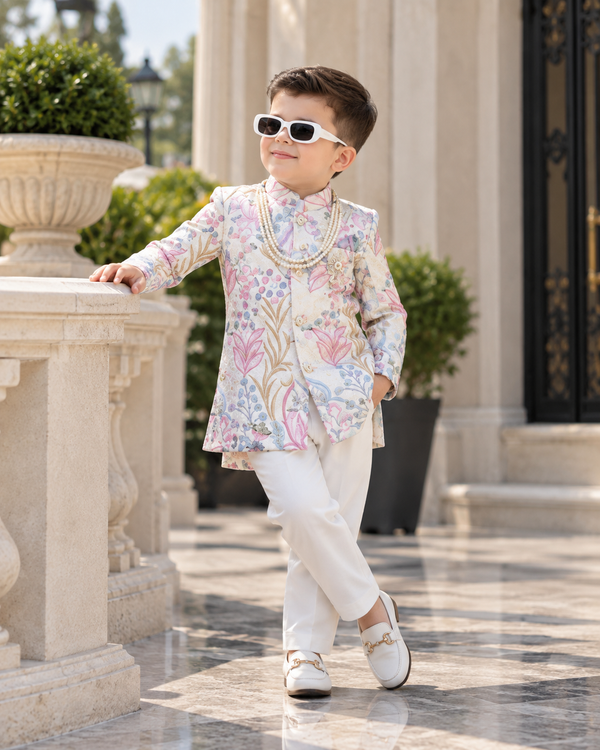 Royal White Sequined Floral Silk Sherwani