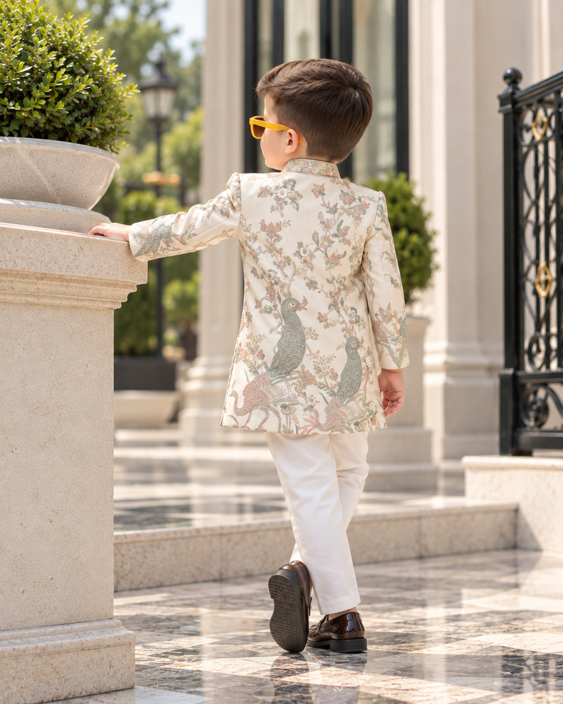 Signature Cream Peacock Embroidered Silk Sherwani