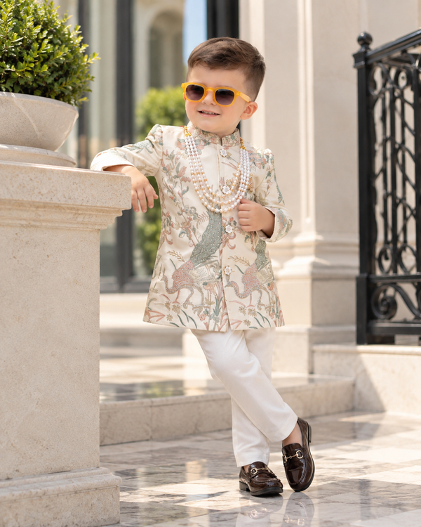 Signature Cream Peacock Embroidered Silk Sherwani