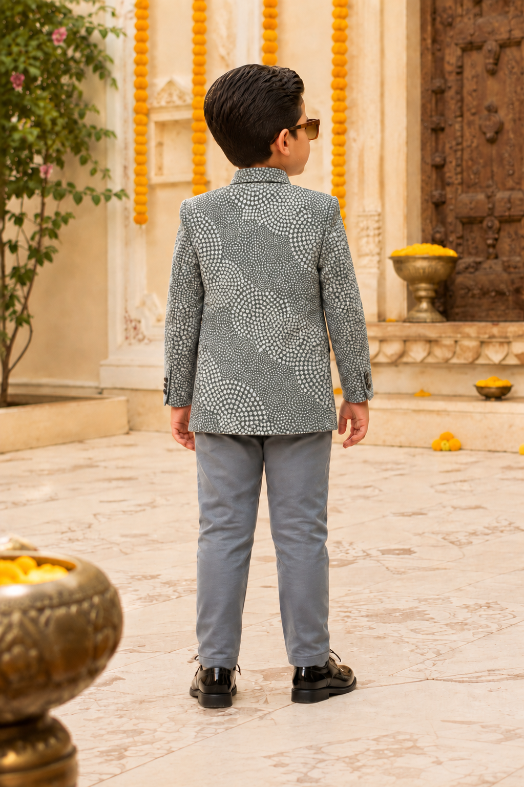 Premium Boys Grey Textured Bandhgala Set