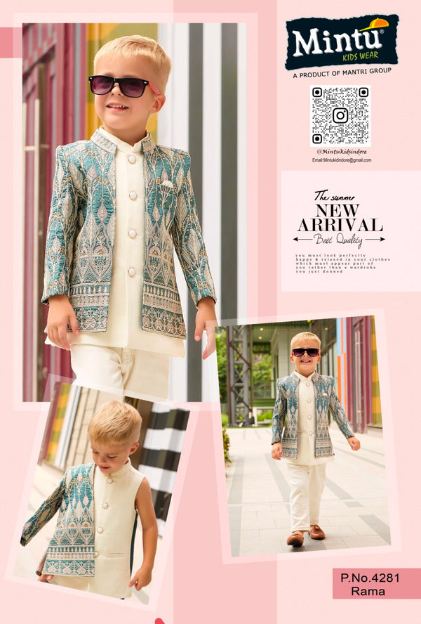 Premium Cream Teal Jacquard Indo-Western Set